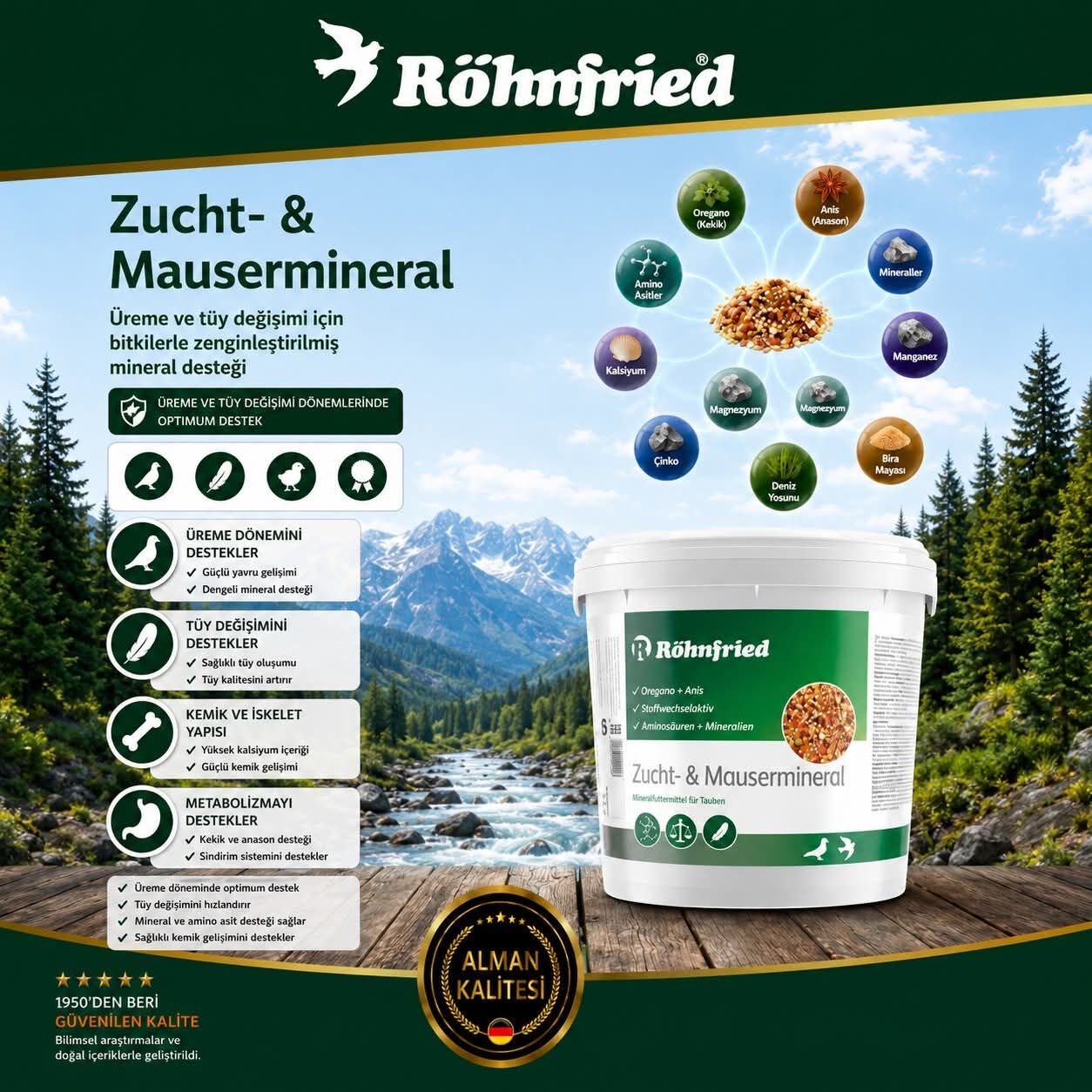 Rönhfried Zucht Mausermineral Üreme ve Tüy dökme Grit Mineral Karışımı 5 Kg
