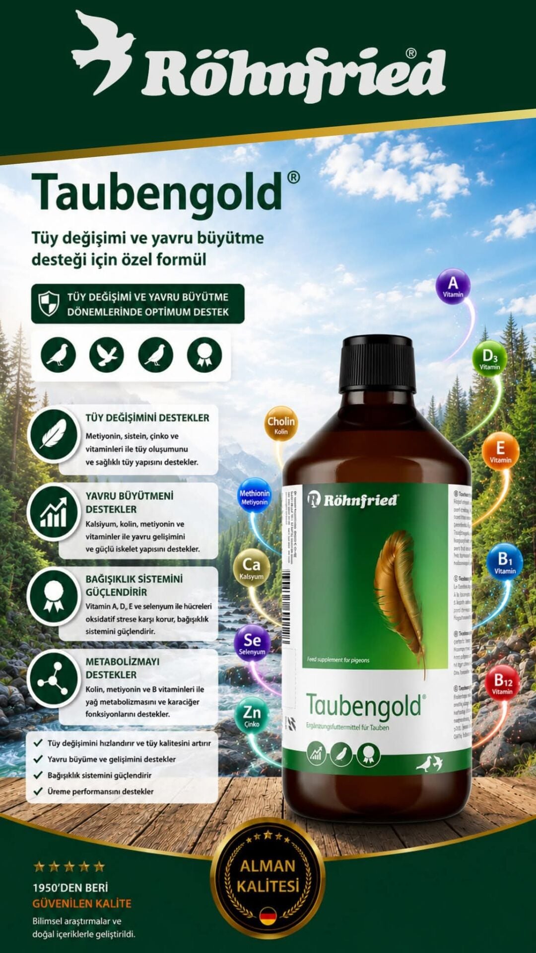 Röhnfired TaubenGold -  Güvercinler için tüy dökme ve yetiştirme yardımcısı 1000 ml